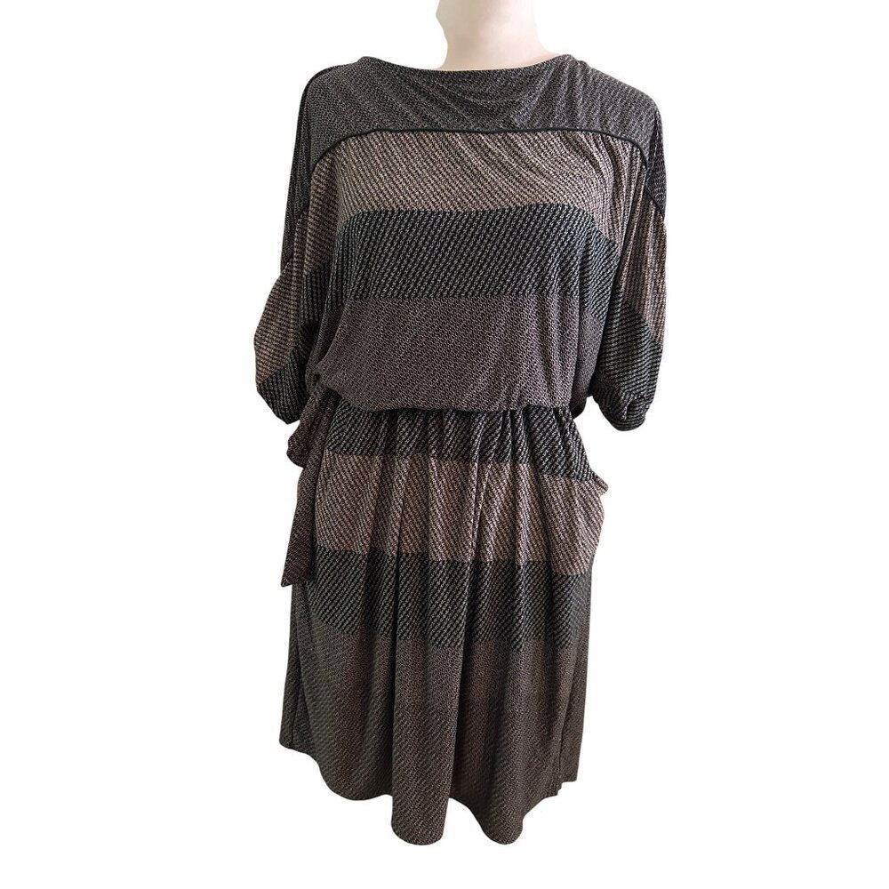 BCBG BCBGMaxAzria Tie Gray and Navy Blue Striped Dress Size Large